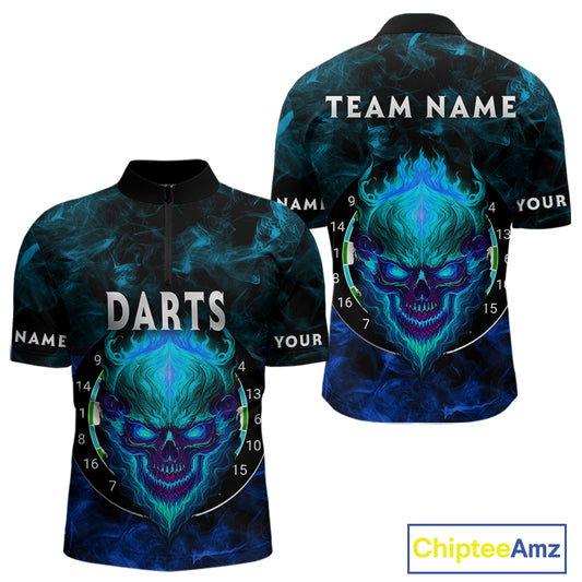 Flame Skull Dartboard Men's Darts Quarter-Zip Shirt - Custom Name For Players NYN0746