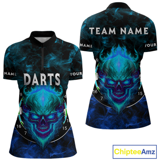Flame Skull Dartboard Women's Darts Quarter-Zip Shirt - Custom Name For Players NYN0746