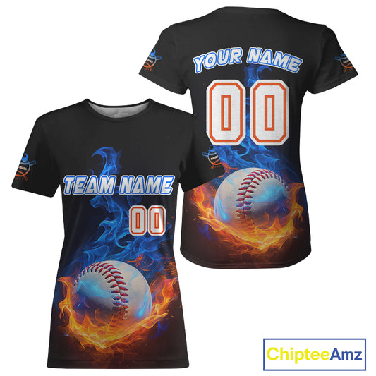 Flaming 3D Ball Custom Baseball T-Shirt For Women Personalized With Name & Number NYN0896