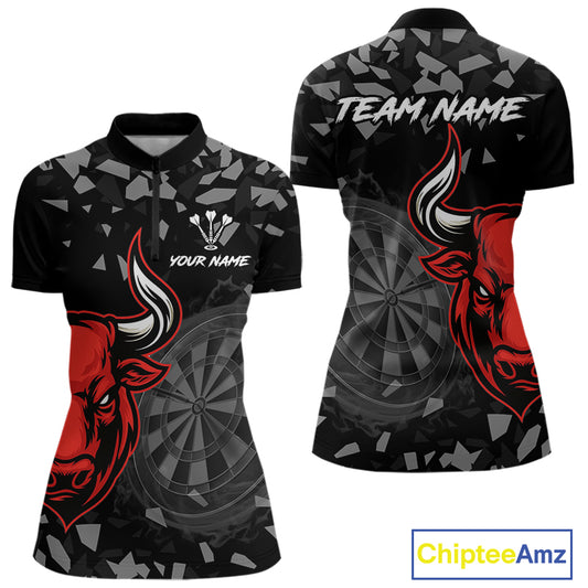 Bull & Dartboard Custom Grunge Women's Darts Quarter-zip Shirt  - Red Darts Team Jersey NYN0716