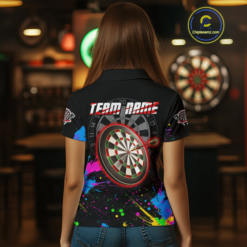 Red Dartboard Multicolored Splashes Women's Darts Shirt - Custom Name For Players NYN0494