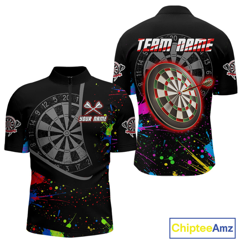 Red Dartboard Multicolored Splashes Men's Darts Shirt - Custom Name For Players NYN0494