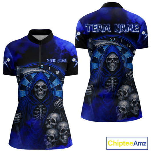 Grim Reaper With Skulls Navy Smoke Women's Darts Team Shirt - Custom Name For Players NYN0501