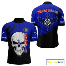 Load image into Gallery viewer, Blue Black Wings Darts And Skull Men's Darts Team Shirt - Custom Name For Players NYN0505