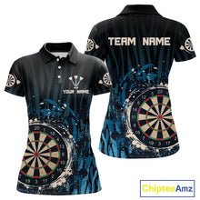 Load image into Gallery viewer, Women’s Custom Darts Team Shirt With Blue Splashed Art, Black Stripes And Dartboard NYN0255