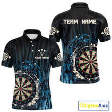 Load image into Gallery viewer, Men’s Custom Darts Team Shirt With Blue Splashed Art, Black Stripes And Dartboard NYN0255