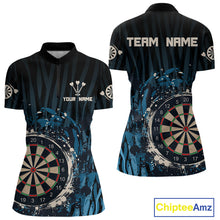 Load image into Gallery viewer, Women’s Custom Darts Team Shirt With Blue Splashed Art, Black Stripes And Dartboard NYN0255