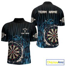 Load image into Gallery viewer, Men’s Custom Darts Team Shirt With Blue Splashed Art, Black Stripes And Dartboard NYN0255