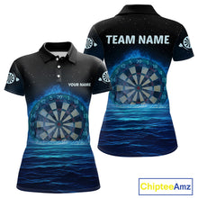 Load image into Gallery viewer, Women’s Personalized Darts Shirts With Navy Ocean, Stars Sky And Glowing Dartboard NYN0259