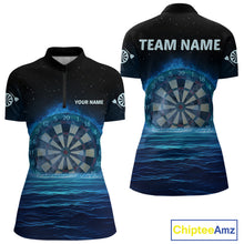 Load image into Gallery viewer, Women’s Personalized Darts Shirts With Navy Ocean, Stars Sky And Glowing Dartboard NYN0259