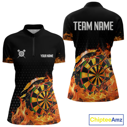 Women's Custom Darts Shirt With Cracked Flame Dartboard And Halftone Pattern NYN0270