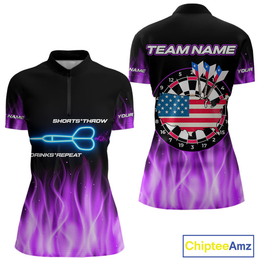 Custom Purple Flames Patriotic Dart Shirt For Women American Flag Dart Team Jerseys NYN1053