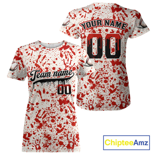 Custom Red Blood Halloween Baseball Shirt For Women Creepy Baseball Tournament Jerseys NYN1387