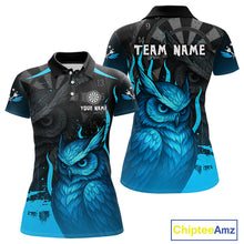 Load image into Gallery viewer, Women’s Darts Shirt With Navy Owl And Grunge Dartboard, Custom Name Option NYN0305
