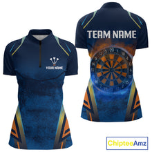 Load image into Gallery viewer, Women’s Custom Darts Team Shirt With Blue Grunge Texture And Fiery Dartboard NYN0312