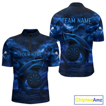 Load image into Gallery viewer, Men's Custom Darts Shirt - Cobalt Lightning Shark In Ocean With Dartboard And Arrow NYN0330