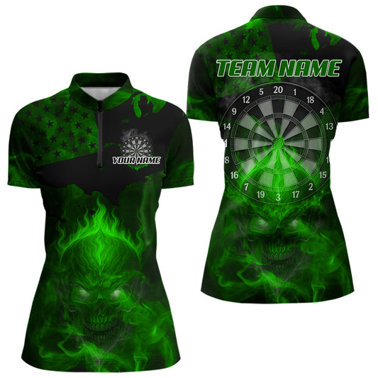 US Flag & Skull Custom Patriotic Green Dart 1/4-Zip Shirts For Men, Dart Team Jerseys NYN0786