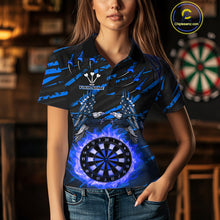Load image into Gallery viewer, Flaming Darts &amp; US Flag Eagle Women's Blue Darts Polo Shirt - Custom Name For Dart Players NYN0803