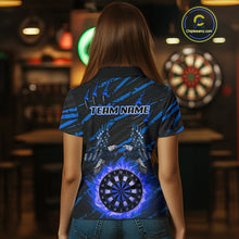 Load image into Gallery viewer, Flaming Darts &amp; US Flag Eagle Women's Blue Darts Polo Shirt - Custom Name For Dart Players NYN0803