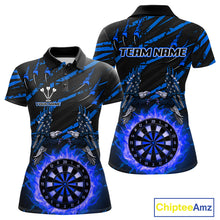 Load image into Gallery viewer, Flaming Darts &amp; US Flag Eagle Women's Blue Darts Polo Shirt - Custom Name For Dart Players NYN0803