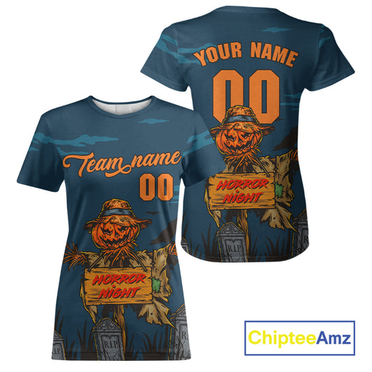 Custom Pumpkin Horror Blue Halloween Women Baseball T-Shirt Halloween Baseball Gifts NYN1283