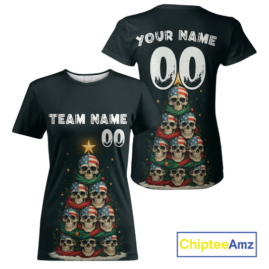 Custom US Flag Skull Christmas Baseball T-Shirt For Women Funny Skull Xmas Baseball Jerseys NYN1310