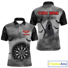 Load image into Gallery viewer, Grim Reaper With Grey Smoke Black Dartboard Darts Shirt For Men - Custom Darts Jersey NYN0535