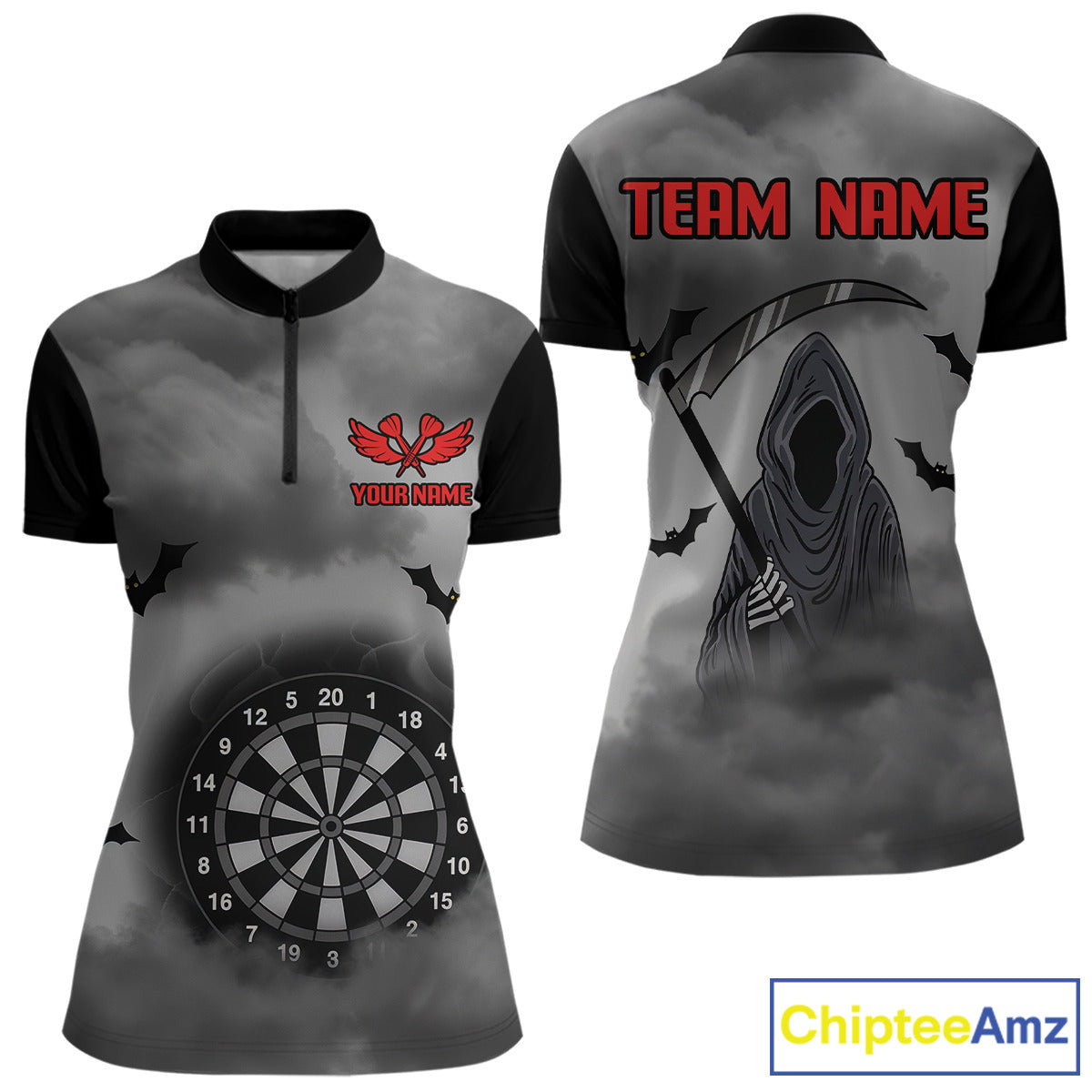 Grim Reaper With Grey Smoke Black Dartboard Darts Shirt For Women - Custom Darts Jersey NYN0535