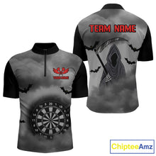 Load image into Gallery viewer, Grim Reaper With Grey Smoke Black Dartboard Darts Shirt For Men - Custom Darts Jersey NYN0535