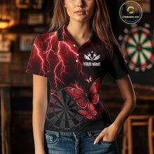 Load image into Gallery viewer, Custom Women's Polo Darts Shirt With Maroon Lightning &amp; Glowing Butterfly, Darts Jersey NYN1019
