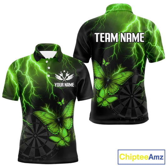 Custom Men Polo Darts Shirt With Emerald Lightning & Glowing Butterfly, Darts Jersey NYN1021