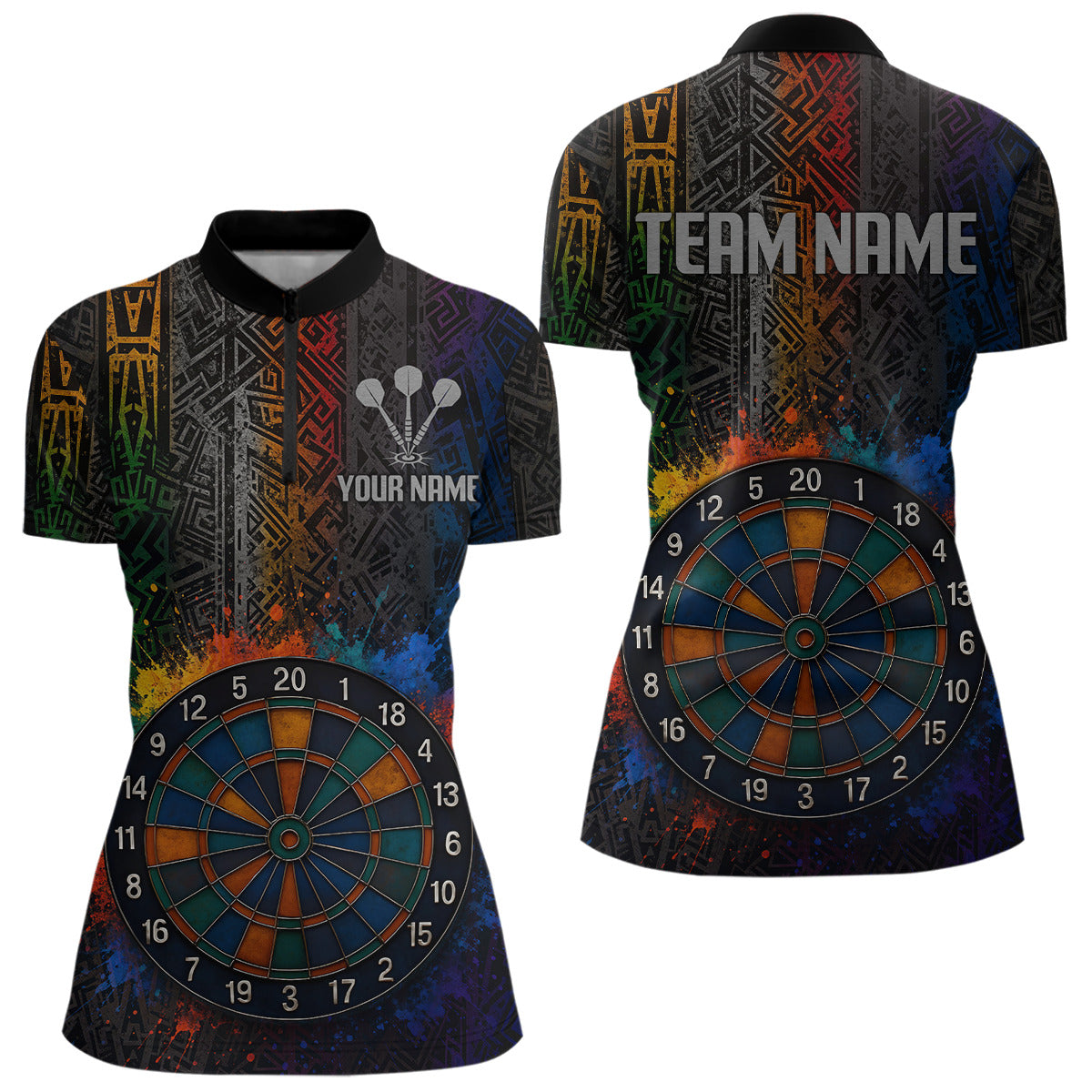 Custom Women's Darts Shirt With Splashed Art Dartboard And Multi Color Pattern NYN0292