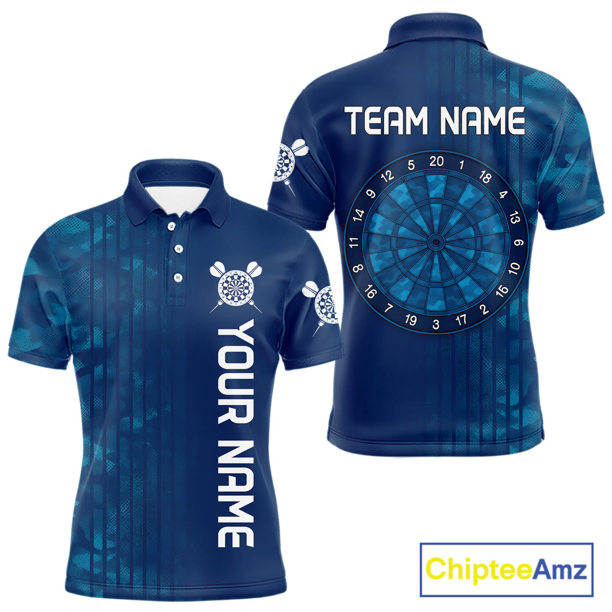 Men’s Darts Team Shirt - Navy Camo Pattern And Dartboard | Custom Name Option NYN0317