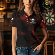 Load image into Gallery viewer, Women's Custom Darts Team Shirt - Skull &amp; Dartboard Graphic With Grunge Red Pattern NYN0320