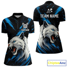 Load image into Gallery viewer, Women's Custom Darts Shirt - Ivory Panther With Dartboard &amp; Blue Grunge Pattern NYN0331