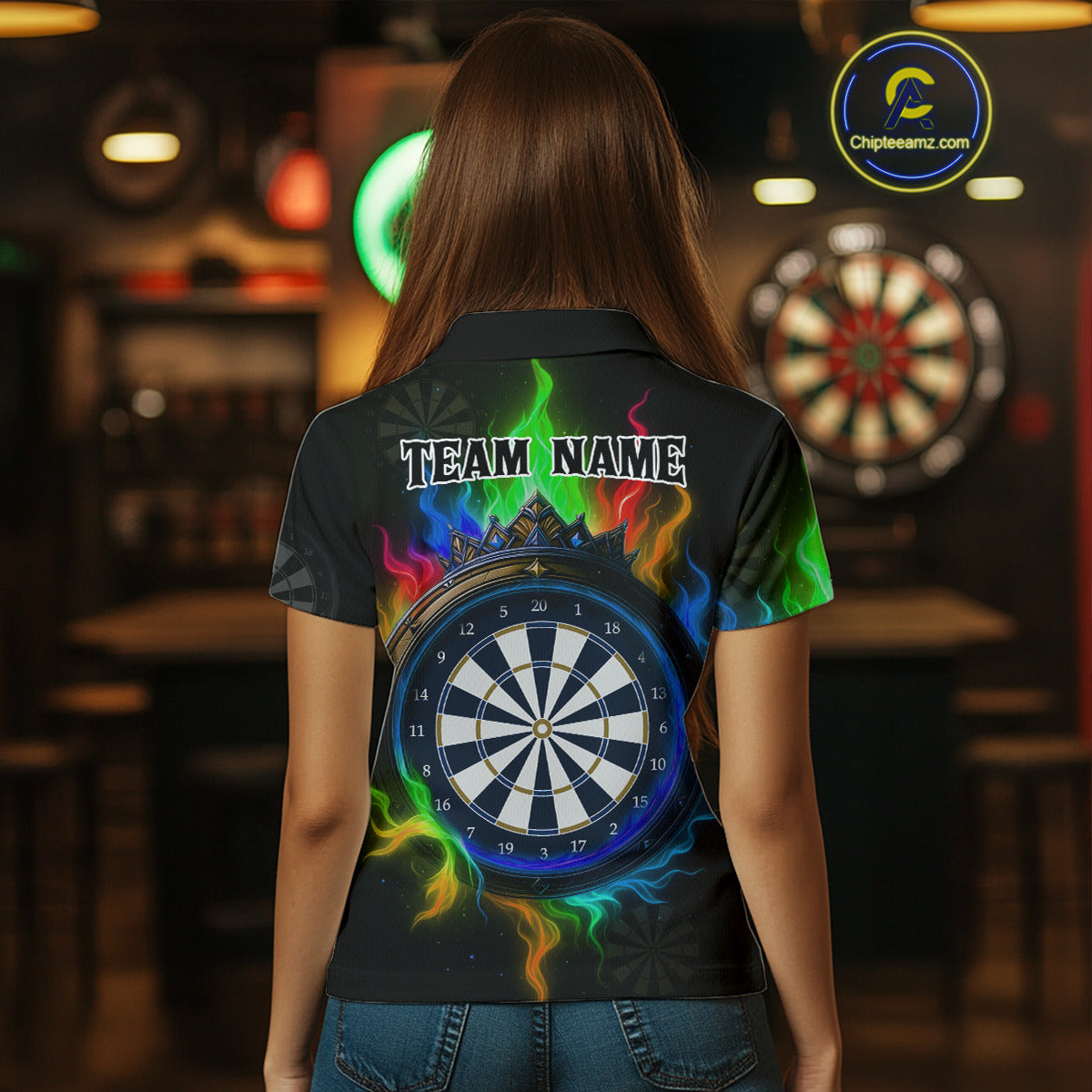 Multicolor Flaming & Blue Dartboard Darts Shirt For Wmoen - Custom Name & Team Jersey NYN0621