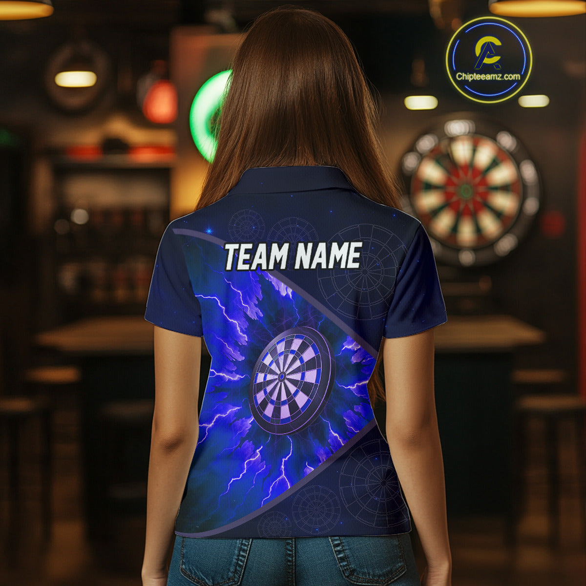 Thunder Dartboard 3D Darts Shirt For Women Custom Name & Team Jersey | Opt3 - Blue NYN0644
