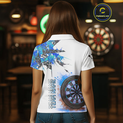 Custom Grey And Blue Splashed Dartboard Darts Polo Shirt For Women Darts Team Jerseys NYN0947