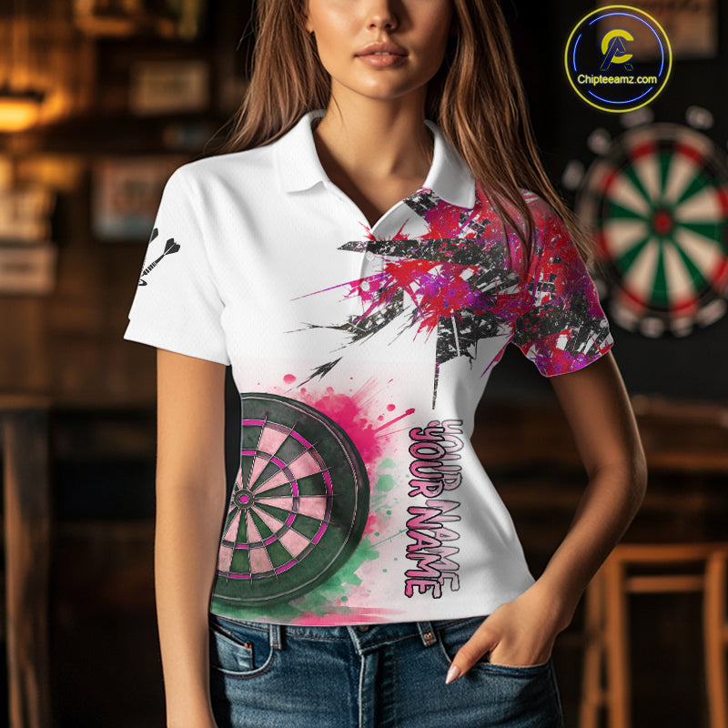 Custom Grey And Pink Splashed Dartboard Darts Polo Shirt For Women Darts Team Jerseys NYN0949