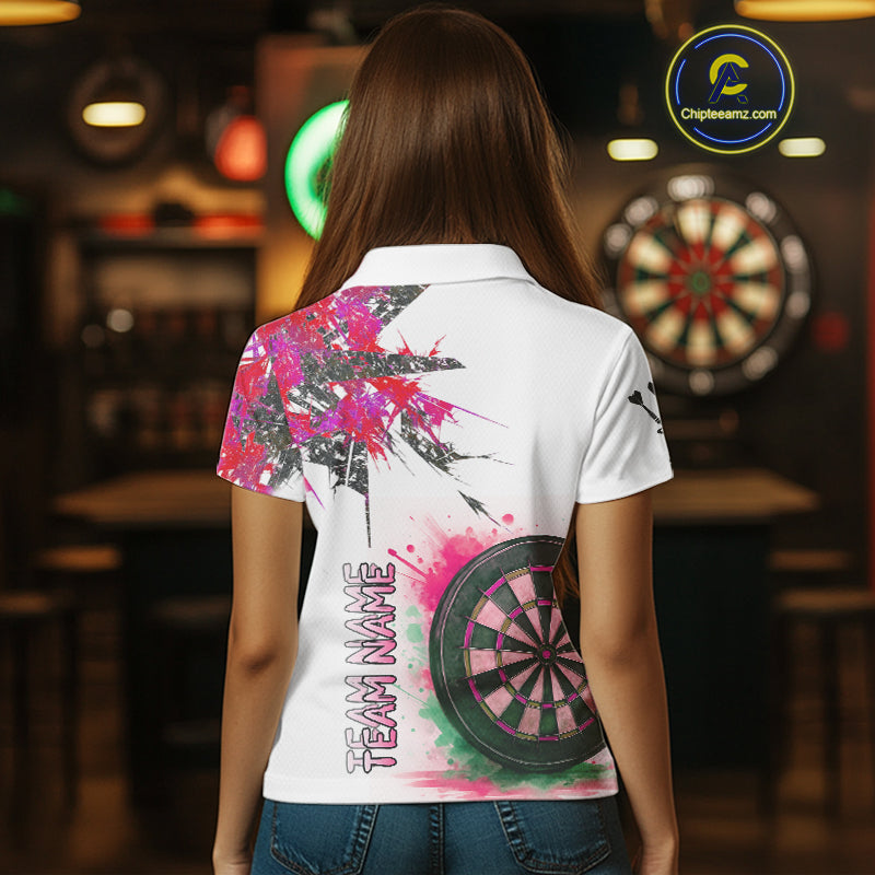 Custom Grey And Pink Splashed Dartboard Darts Polo Shirt For Women Darts Team Jerseys NYN0949