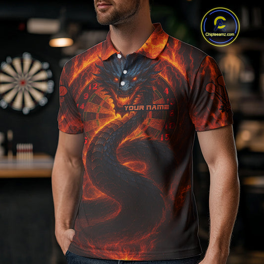Personalized Red Flames Dragon Dartboard Darts Polo Jerseys For Men, Dart Team Jerseys NYN0963
