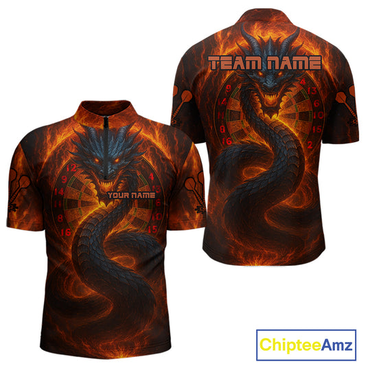 Personalized Red Flames Dragon Dartboard Darts 1/4-Zip Jerseys For Men, Dart Team Jerseys NYN0963