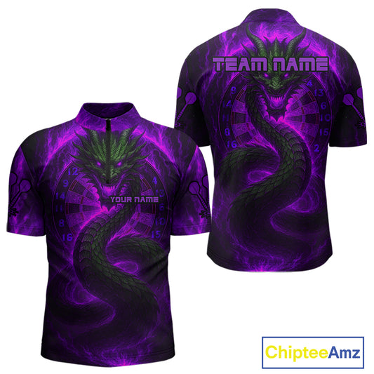 Personalized Purple Flames Dragon Dartboard Darts 1/4-Zip Jerseys For Men, Dart Team Jerseys NYN0964