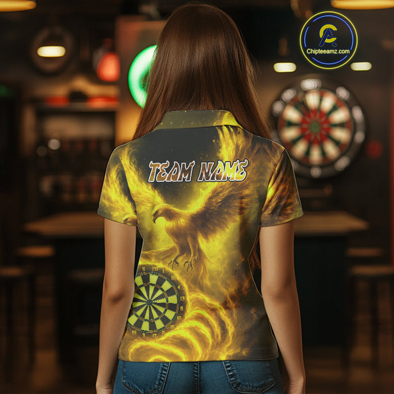 Custom Yellow Flames Phoenix Dartboard Darts Jersey Personalized Darts Polo Shirt For Women NYN0970