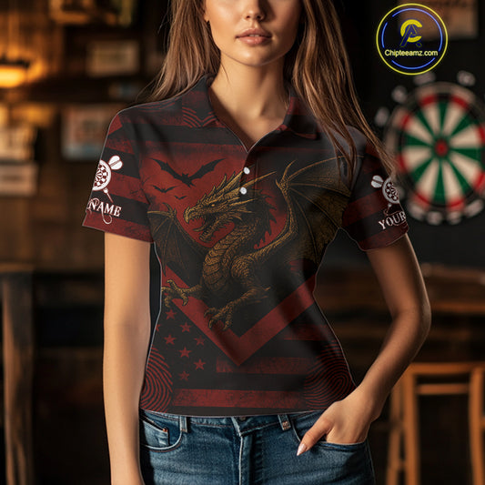 Custom Red Grunge Dragon Dartboard Dart Polo Shirt For Women Outfit Dart Team Jersey NYN1363