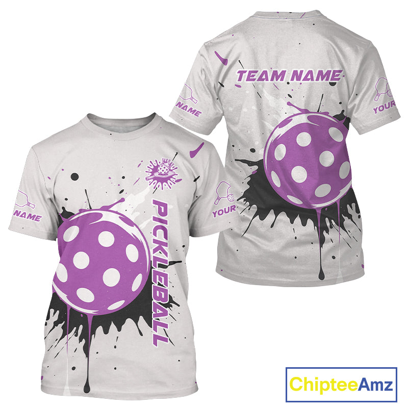 Custom Black And Purple Splashed Pickleball Ball T-Shirt For Men Outfits Pickleball Jersey NYN1374