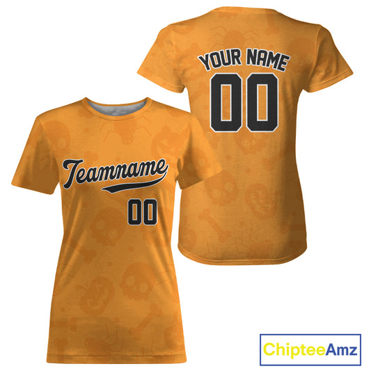 Custom Black Orange Halloween Baseball T-Shirt For Women Halloween Baseball Team Shirt NYN1280
