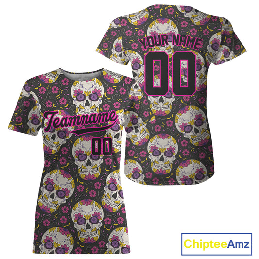 Custom Black And Pink Skull Halloween Baseball Jersey For Women Creepy Baseball Jersey  NYN1286