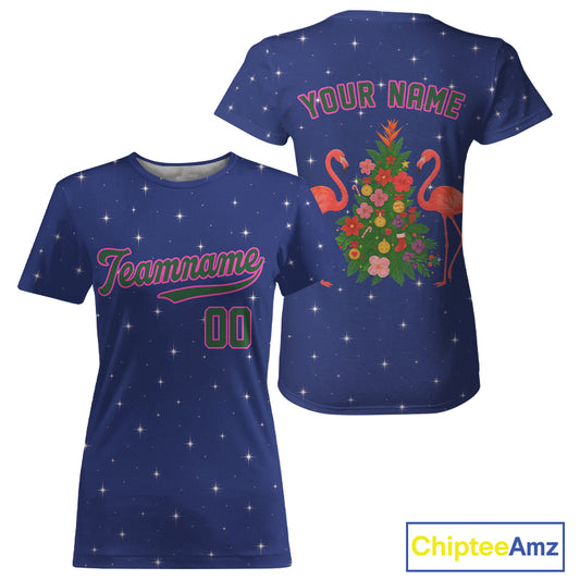 Custom Blue And Pink Flamingo Xmas Baseball T-Shirt For Women Outfit Christmas Baseball Gifts NYN1289
