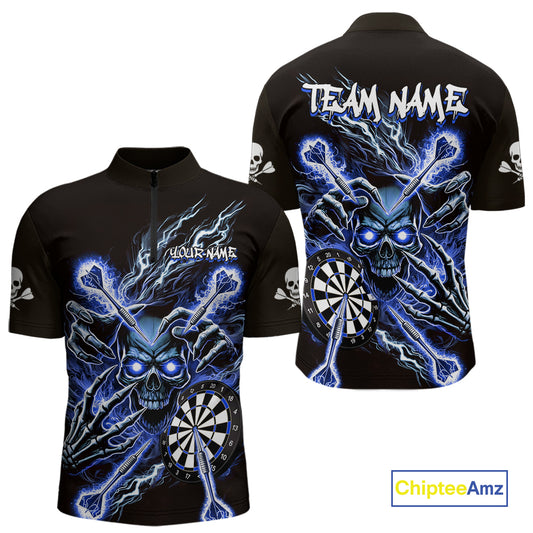 Personalized Blue Skeleton Thunder Lightning Men Dart Quarter- Zip Shirts Skull Dart Jerseys NYN2120